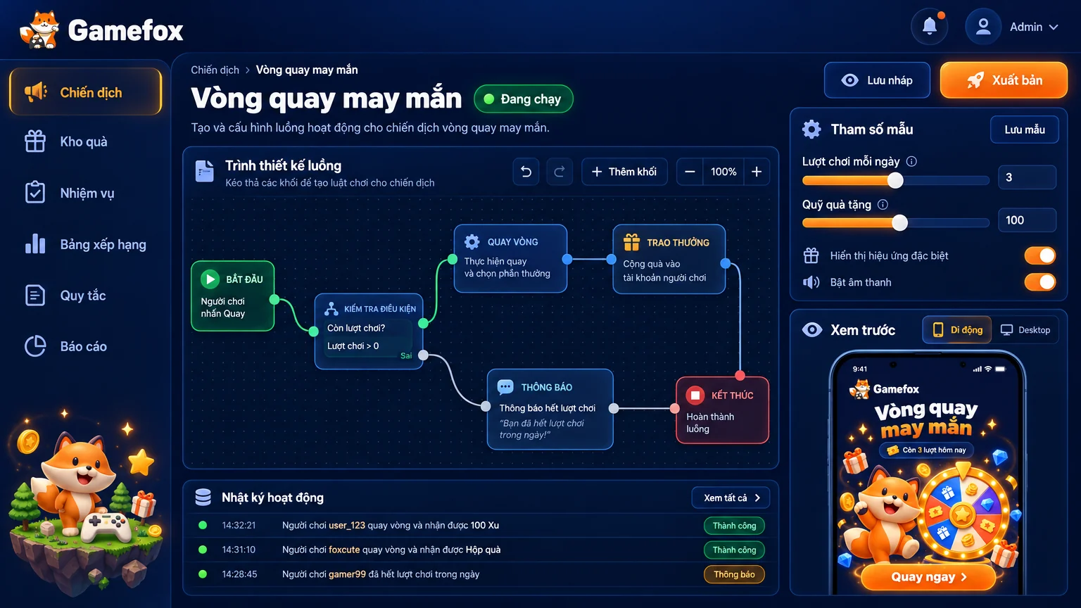 Giao diện quản trị chiến dịch trên Game Platform